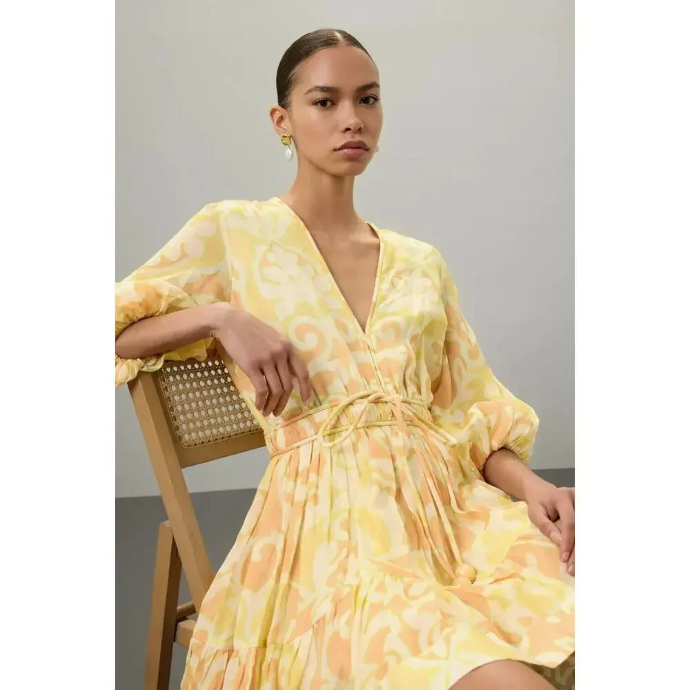 ALEXIS Capri Short Mini Dress Yellow Abstract Print 3/4 Sleeve, Size S, Rt. $598 - Picture 4 of 13